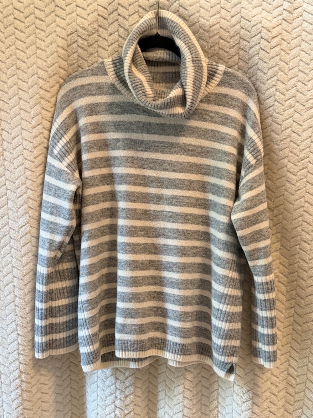 LOFT Gray and Cream Striped Turtleneck Sweater